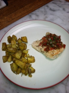 Rosemary Chicken (garnished with pico de gallo) and Rosemary Potatoes